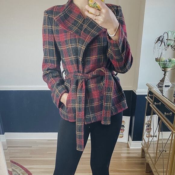 Evan-Picone Red plaid belted jacket size Petite Large - Picture 1 of 8